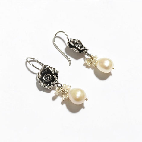 Sterling Silver FLOWER Rose Dangle Earrings, Fresh Water Pearl Gemstone, Vintage Inspired Jewelry
