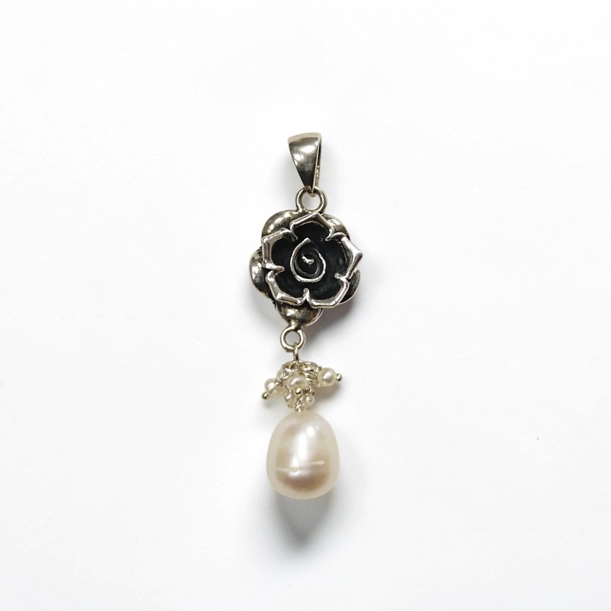 Sterling Silver FLOWER Rose Dangle Earrings, Fresh Water Pearl Gemstone, Vintage Inspired Jewelry