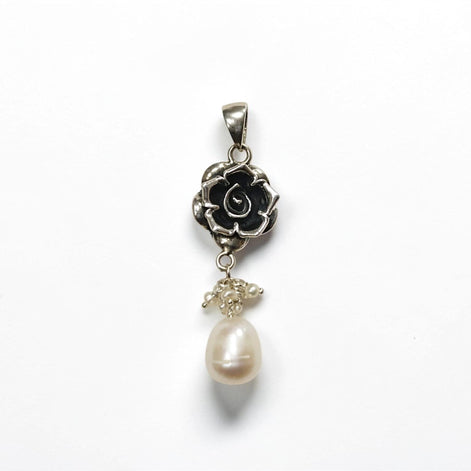 Sterling Silver FLOWER Rose Dangle Earrings, Fresh Water Pearl Gemstone, Vintage Inspired Jewelry