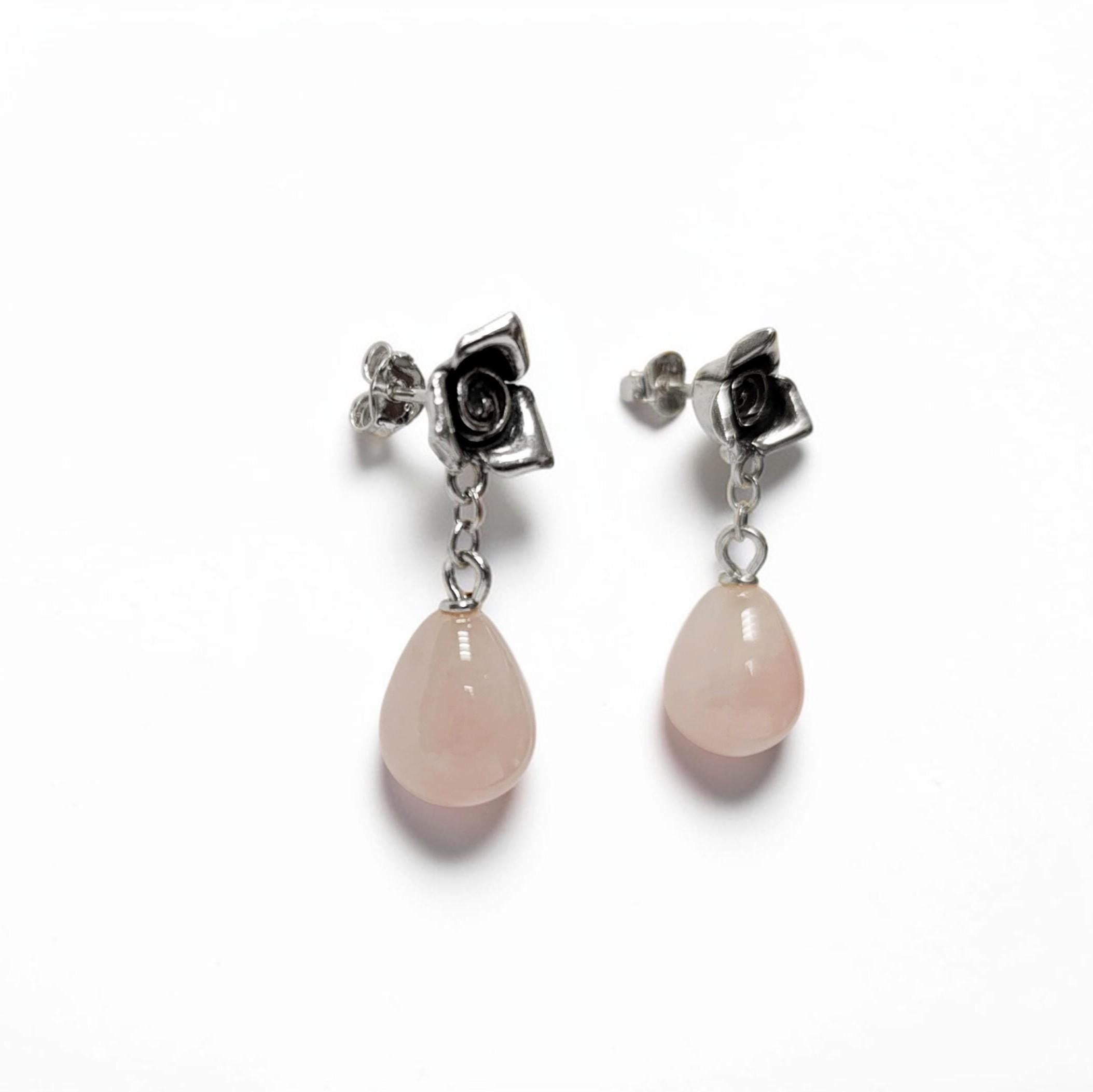 Sterling Silver Rose Earrings • Pink Quartz Dangle, Vintage Style, Flower Earrings