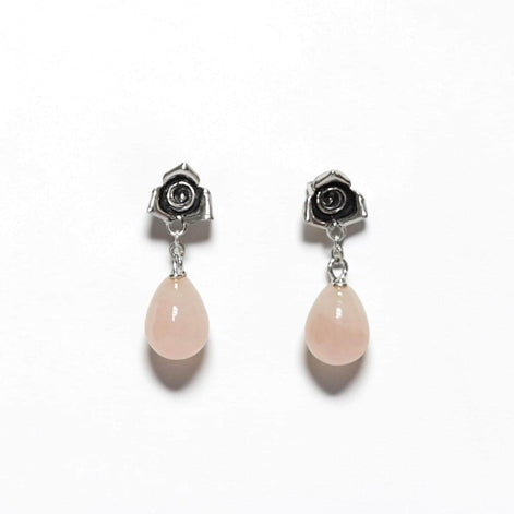 Sterling Silver Rose Earrings • Pink Quartz Dangle, Vintage Style, Flower Earrings