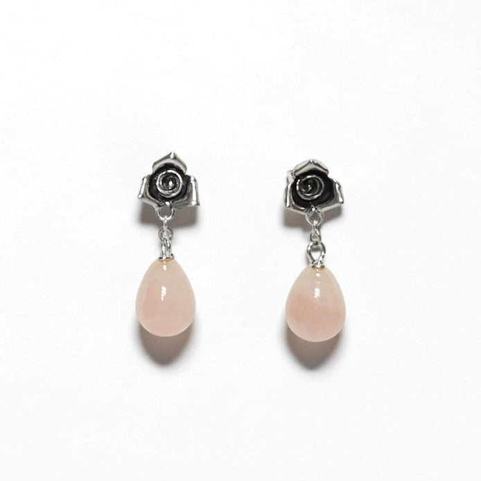 Sterling Silver Rose Earrings • Pink Quartz Dangle, Vintage Style, Flower Earrings