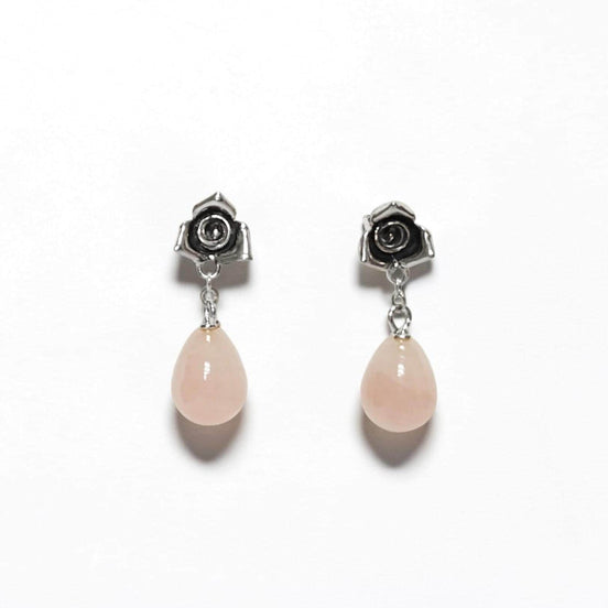 Sterling Silver Rose Earrings • Pink Quartz Dangle, Vintage Style, Flower Earrings