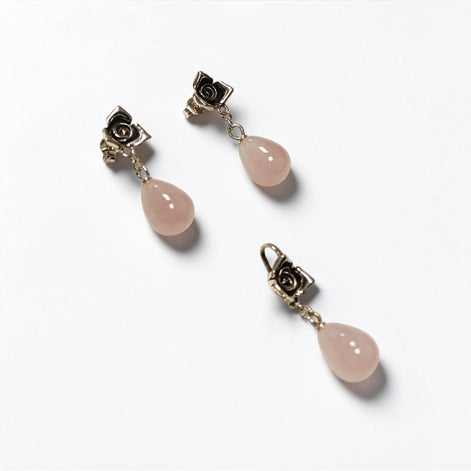 Sterling Silver Rose Earrings • Pink Quartz Dangle, Vintage Style, Flower Earrings