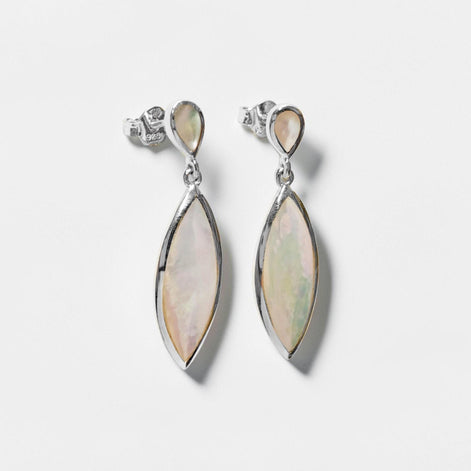 White Shell Dangle Earrings, Sterling Silver, Mother of Pearl, Pending Earrings Pendant Set, Modern Oval Stone Jewelry,