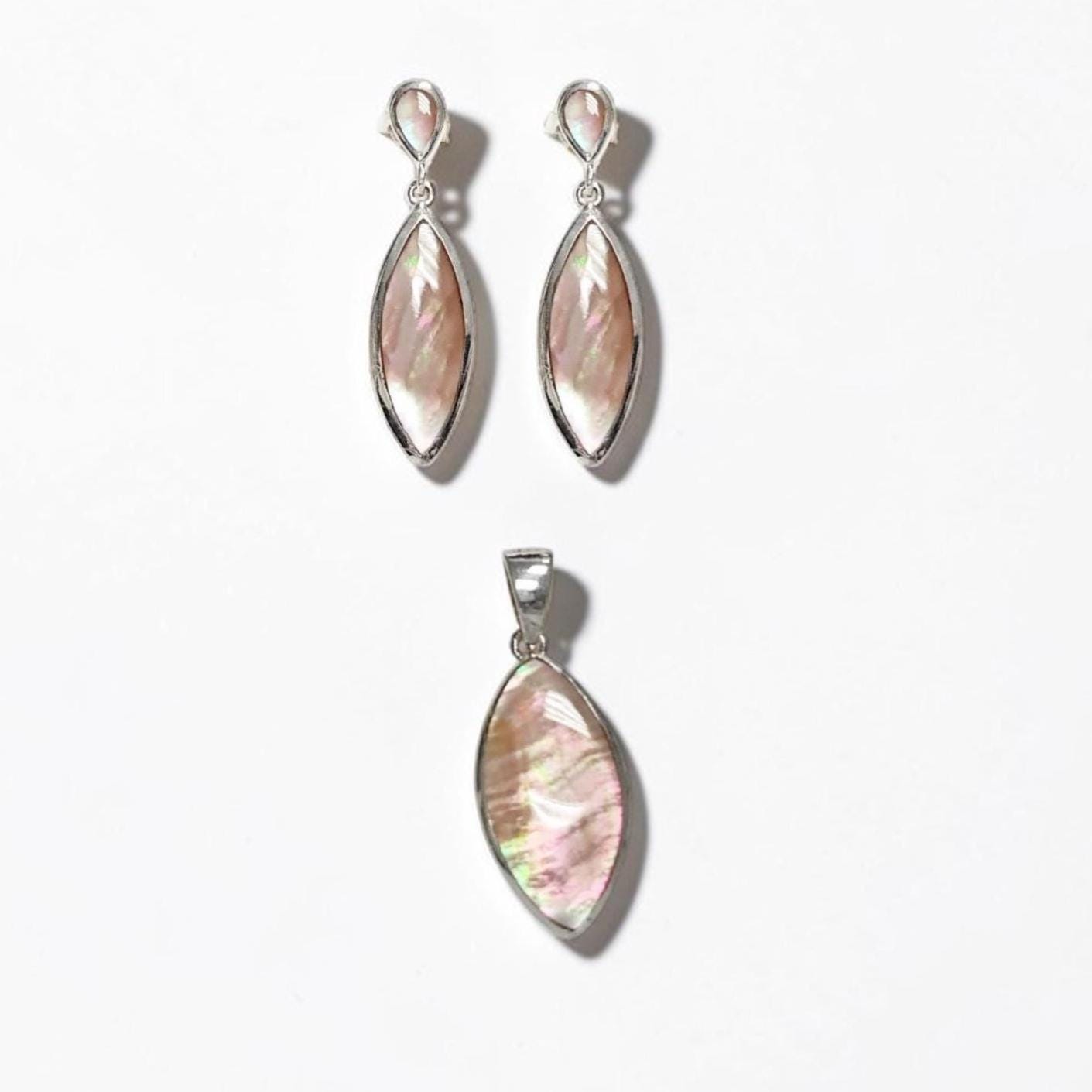 GENUINE Brown Shell Dangle Earrings, Sterling Silver, Brown Pearl with Iridescent Rainbow Highlights, Geometric Oval Shape, Minimalist