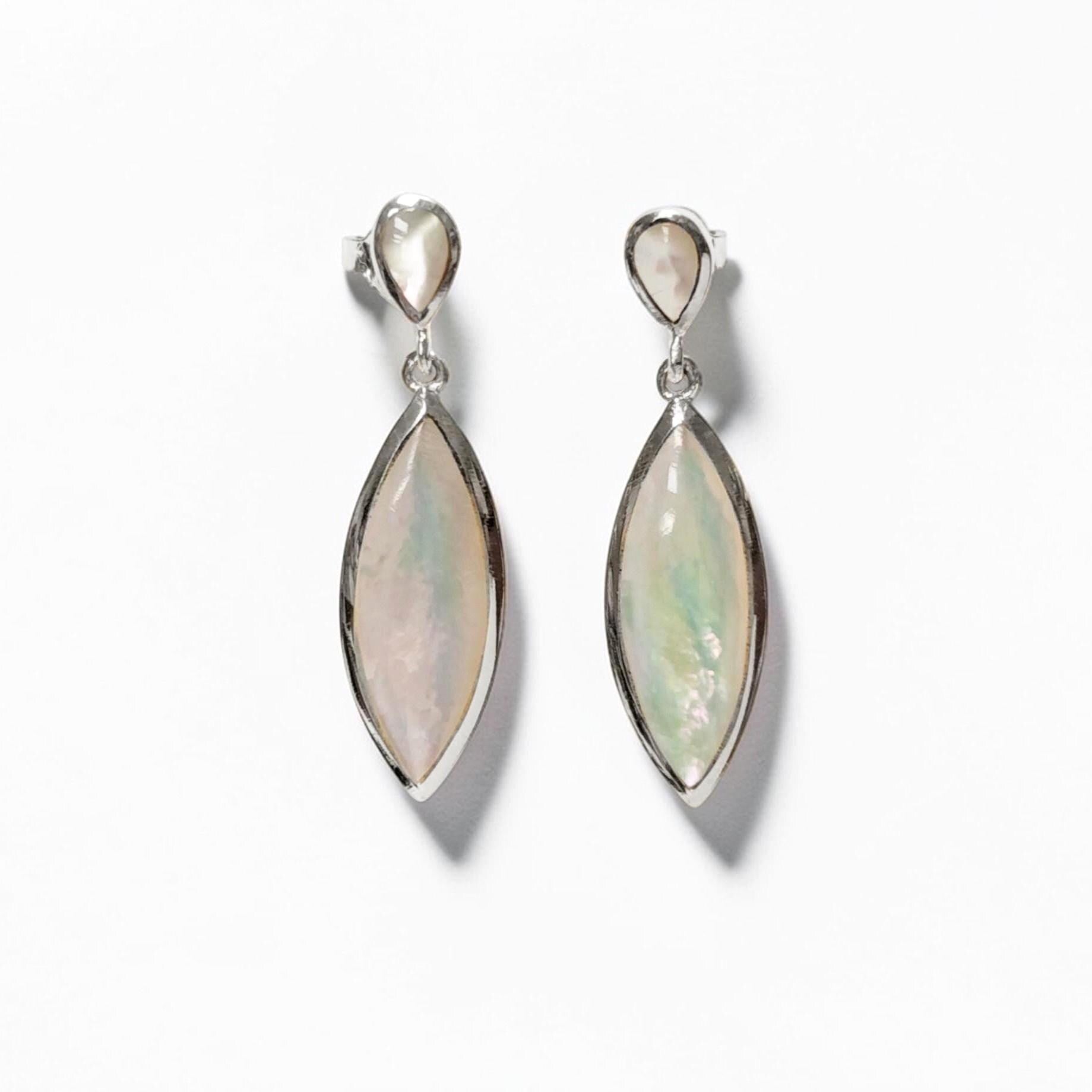 Sterling Silver Oval Earrings, White Mother of Pearl Shell Jewelry, Dangle MOP 925