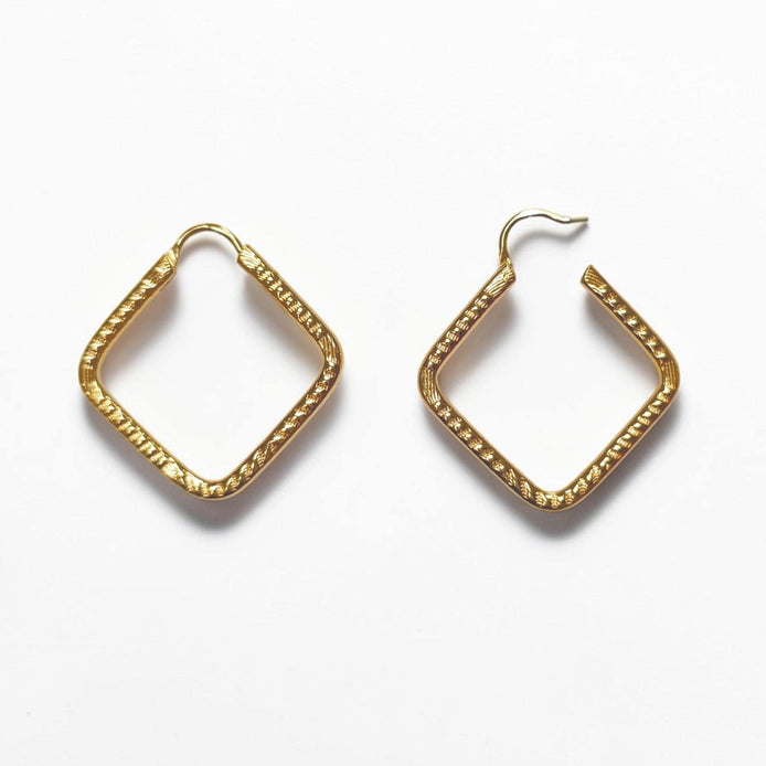Textured Square Hoop Earrings • 18K Gold-Plated Geometric Hoops • Lightweight Modern Jewelry