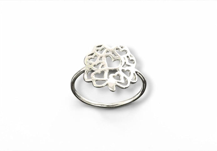 Clover Heart Ring, Sterling Silver, Lucky Four Leaf and Filigree Hearts Design, Celtic Gift