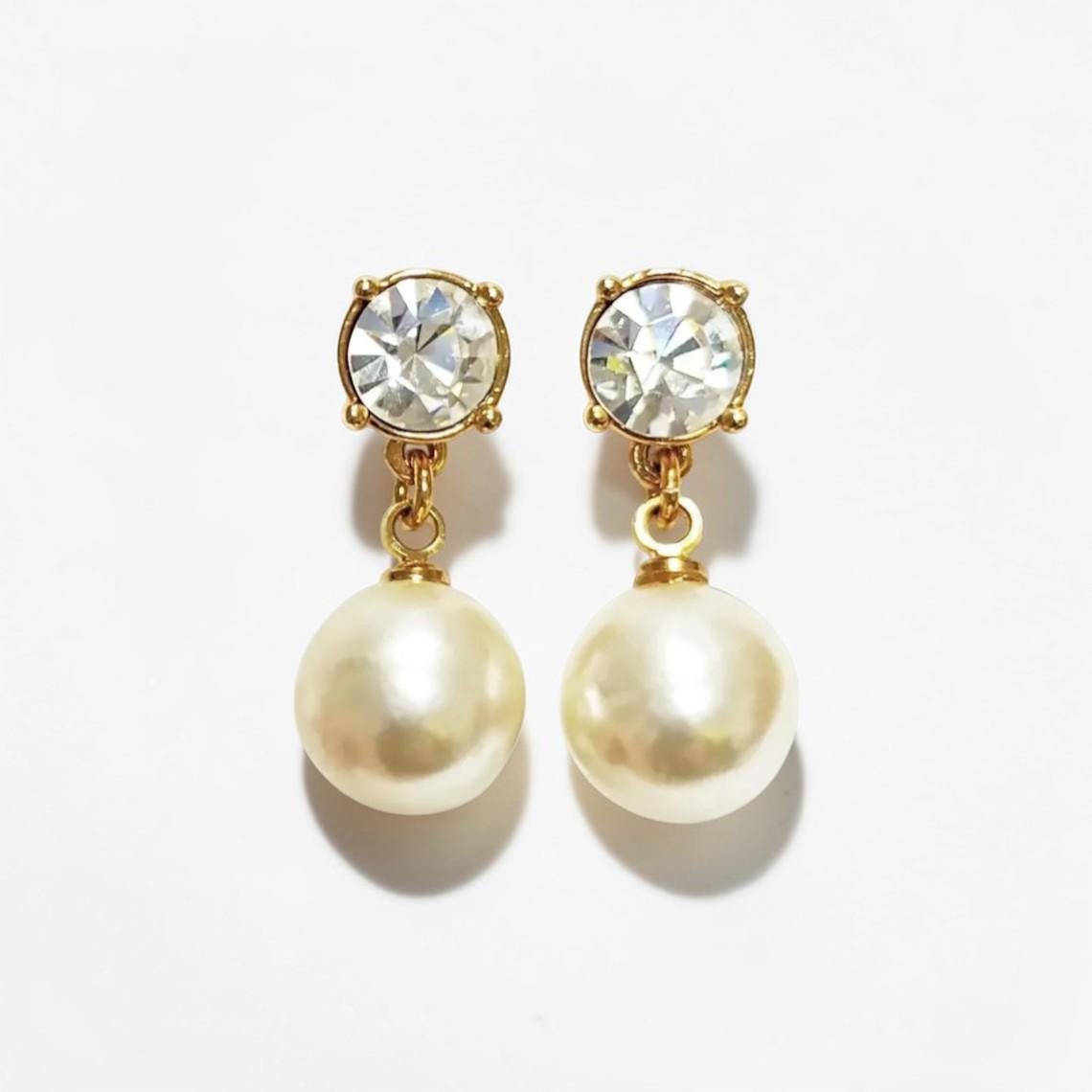 Elegant Crystal and Pearl Drop Earrings by KRAMIKE • 18K Gold-Plated • 10MM Pearl Jewelry.
