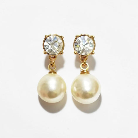 Elegant Crystal and Pearl Drop Earrings by KRAMIKE • 18K Gold-Plated • 10MM Pearl Jewelry.