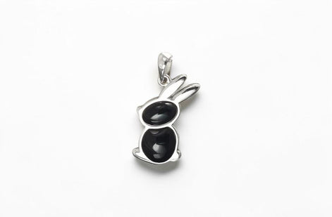 Rabbit Pendant, Sterling Silver, Black Onyx Stone Bunny Charm, Minimalist Necklace
