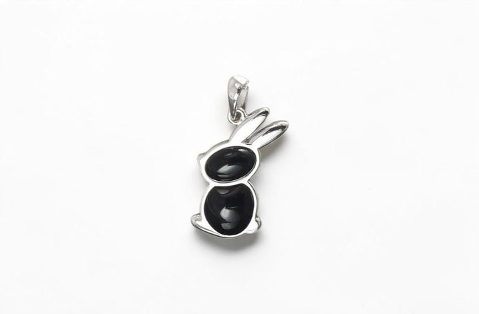 Rabbit Pendant, Sterling Silver, Black Onyx Stone Bunny Charm, Minimalist Necklace
