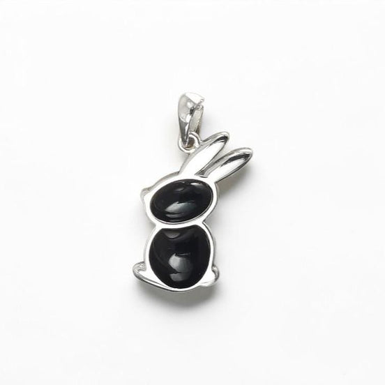 Rabbit Pendant, Sterling Silver, Black Onyx Stone Bunny Charm, Minimalist Necklace
