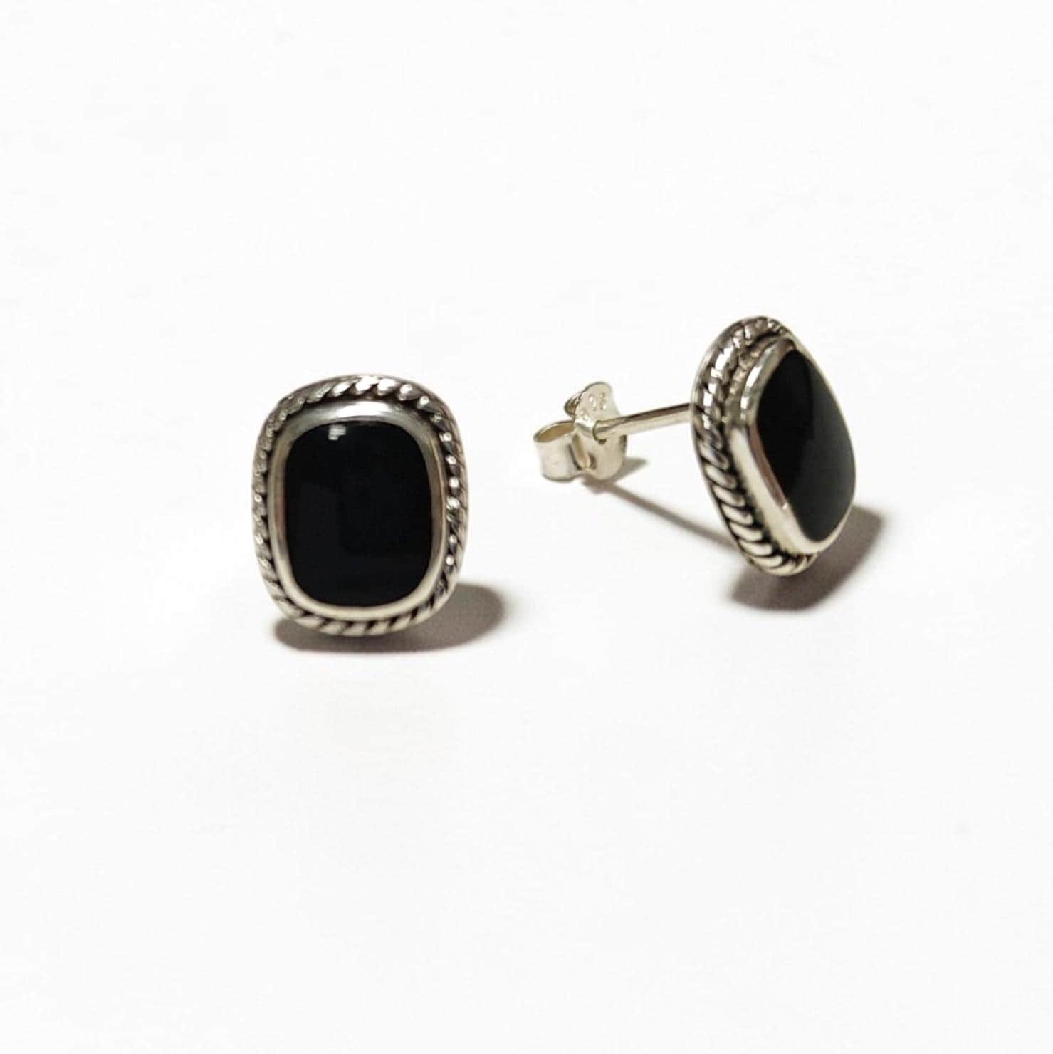 Black Earrings Set, Sterling Silver, Black Onyx Stone, Oxidized braided border Jewelry, Vintage Tribal Square shape Earrings and Pedant