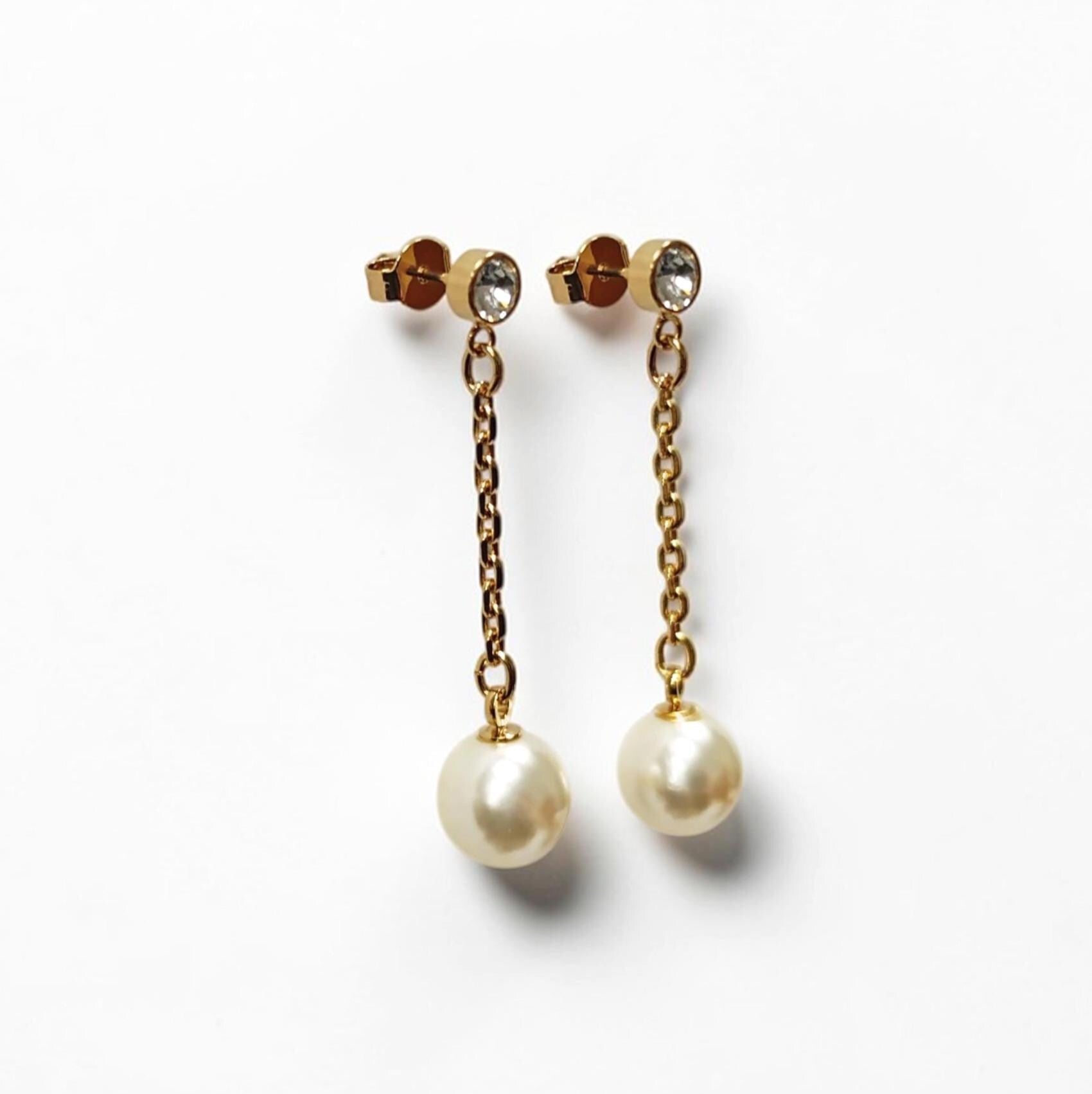 Pearl Drop Earrings • 18K Gold-Plated Chain, Crystal Stud, Shell Pearl, Elegant Wedding & Evening Dangle