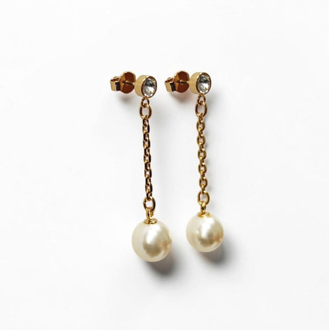 Pearl Drop Earrings • 18K Gold-Plated Chain, Crystal Stud, Shell Pearl, Elegant Wedding & Evening Dangle