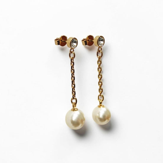 Pearl Drop Earrings • 18K Gold-Plated Chain, Crystal Stud, Shell Pearl, Elegant Wedding & Evening Dangle
