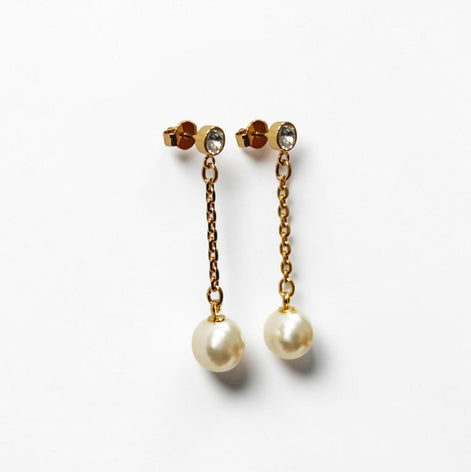 Pearl Drop Earrings • 18K Gold-Plated Chain, Crystal Stud, Shell Pearl, Elegant Wedding & Evening Dangle