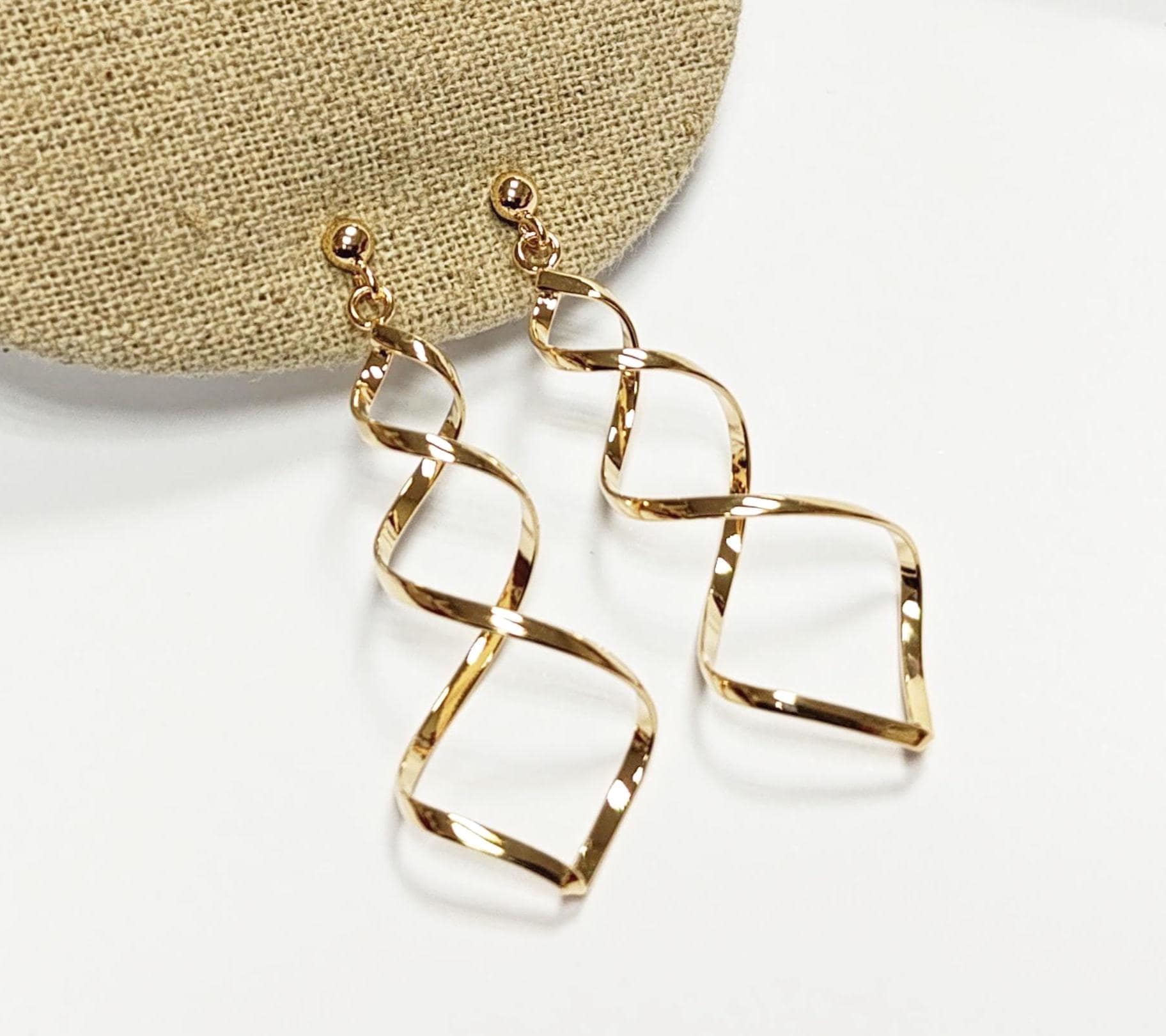 Dangle Spiral earrings 18K gold plated, Golden Long Drop Swirl Jewelry