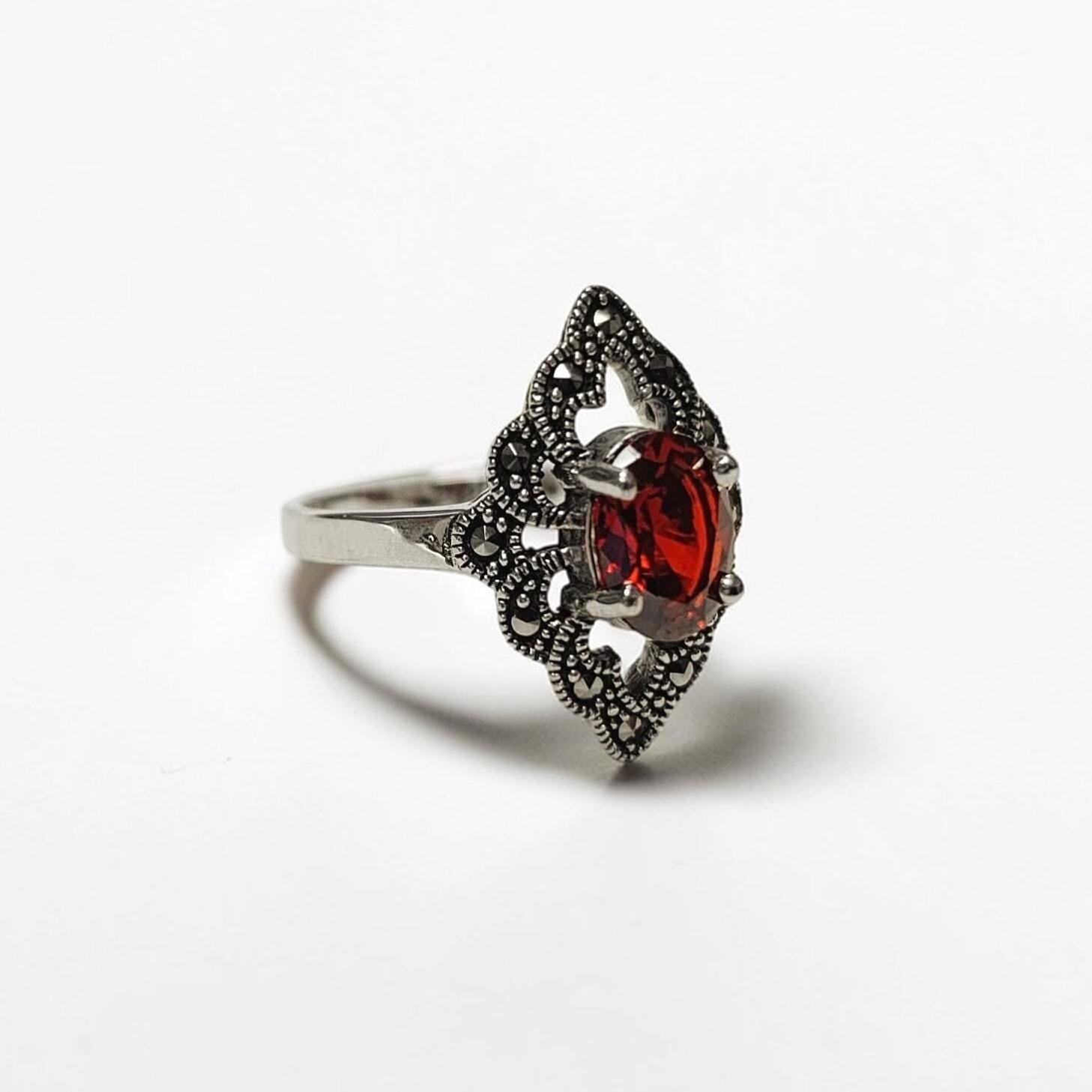 Garnet Marcasite Ring, Sterling Silver, Vintage Marquise Ring, Lab Red Garnet Simulant, Retro Red Stone Rings, Women's Gifts