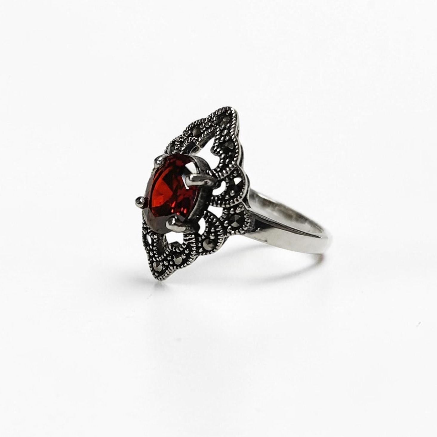 Garnet Marcasite Ring, Sterling Silver, Vintage Marquise Ring, Lab Red Garnet Simulant, Retro Red Stone Rings, Women's Gifts