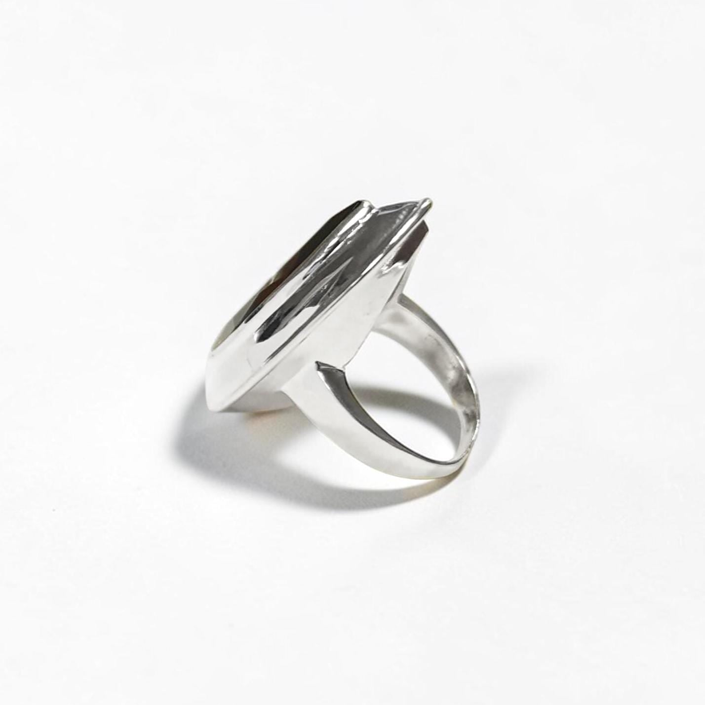 Bague Quartz, Argent 925, Grand Zirconia Oval couleur Quartz Fumé, taillé en Marquise, Ligne Pure, Simple, Grande Bague Originale,