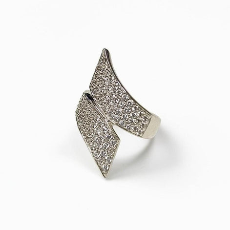Sterling Silver Bypass Ring, Pave White CZ Stones, Bold Statement Band