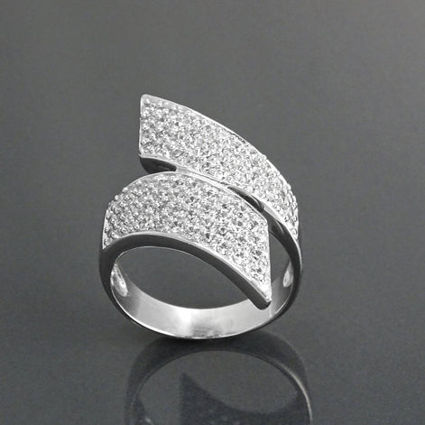 Sterling Silver Bypass Ring, Pave White CZ Stones, Bold Statement Band