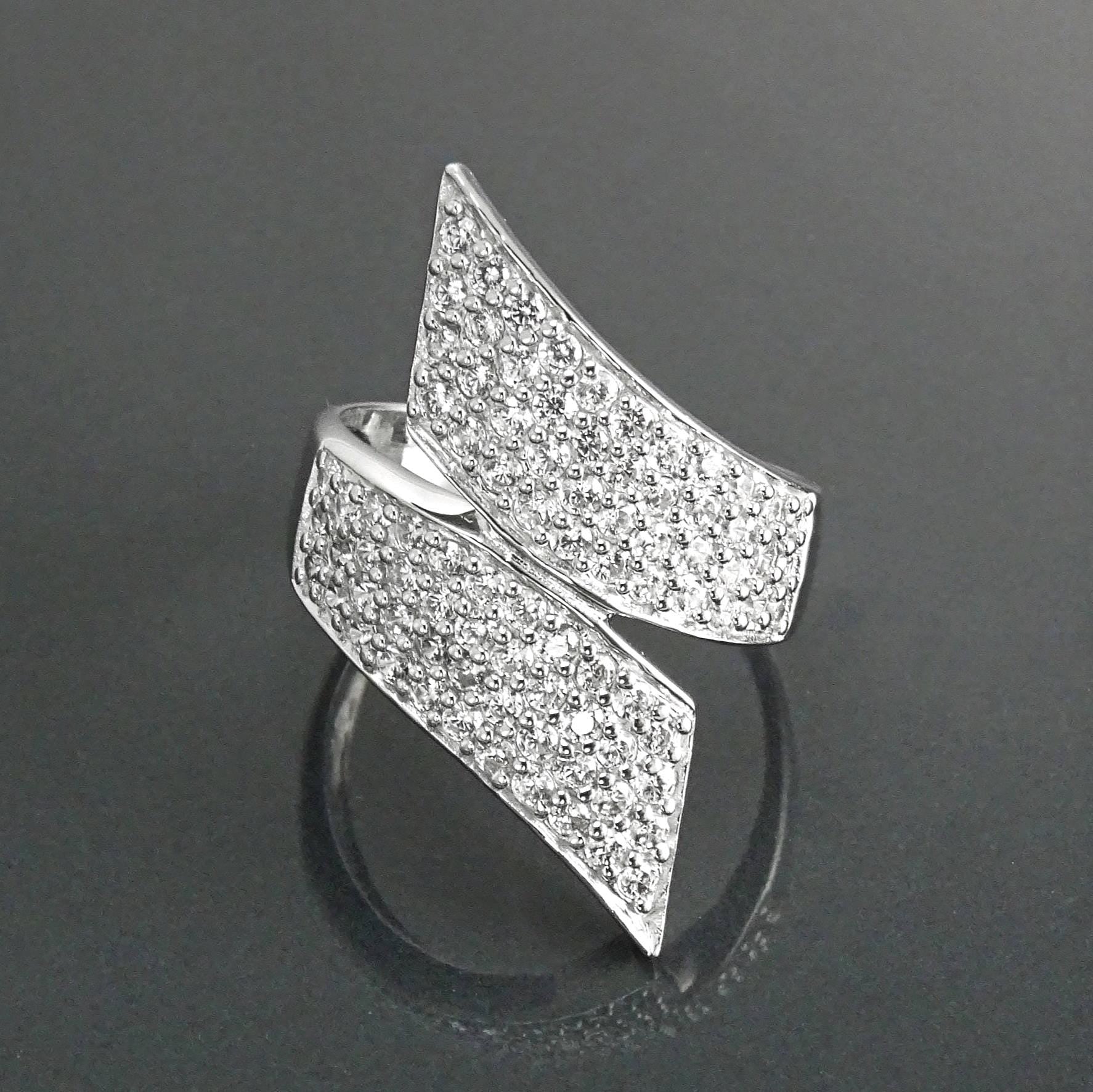 Sterling Silver Bypass Ring, Pave White CZ Stones, Bold Statement Band