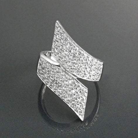 Sterling Silver Bypass Ring, Pave White CZ Stones, Bold Statement Band
