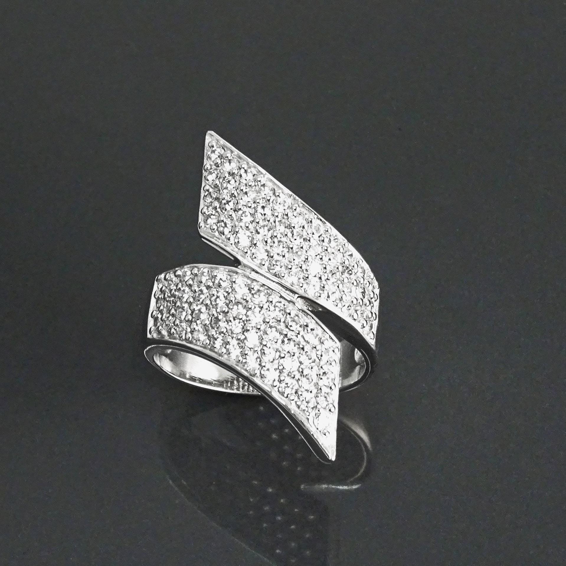 Sterling Silver Bypass Ring, Pave White CZ Stones, Bold Statement Band