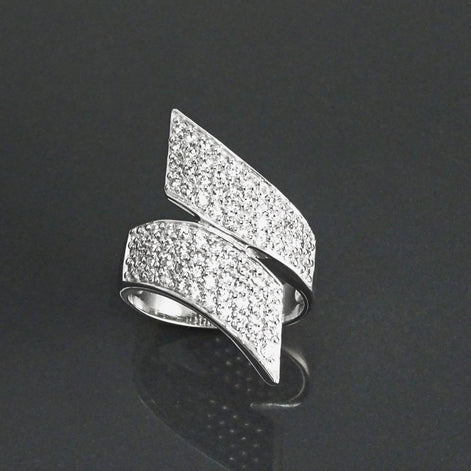 Sterling Silver Bypass Ring, Pave White CZ Stones, Bold Statement Band