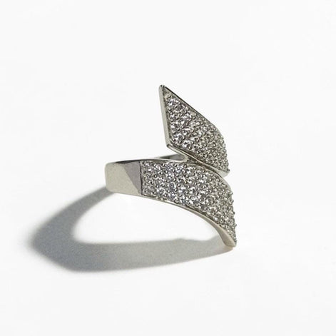 Sterling Silver Bypass Ring, Pave White CZ Stones, Bold Statement Band