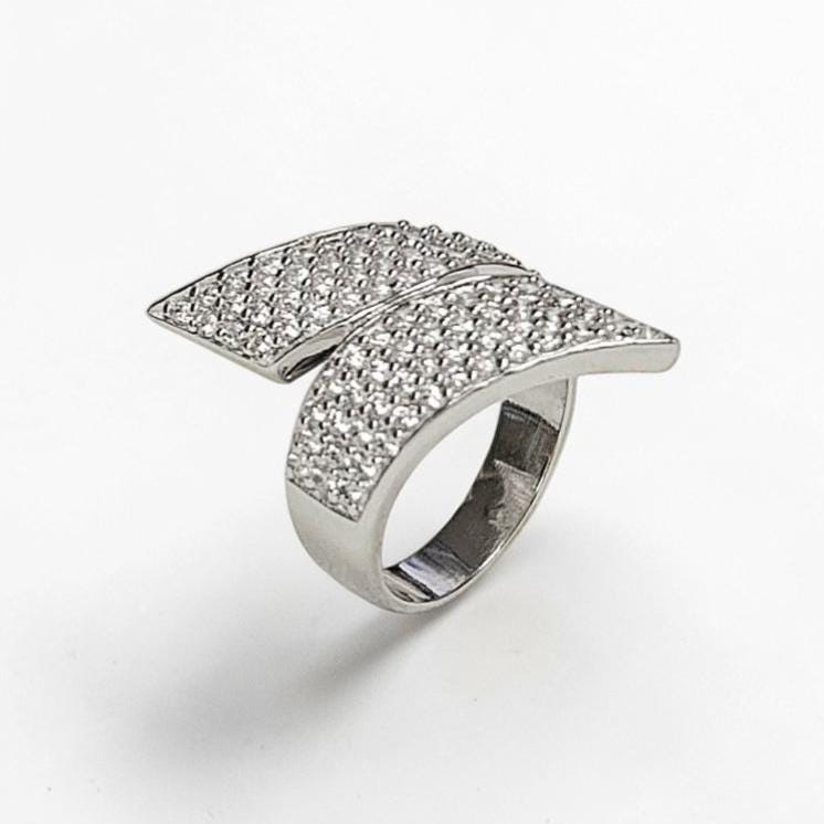Sterling Silver Bypass Ring, Pave White CZ Stones, Bold Statement Band