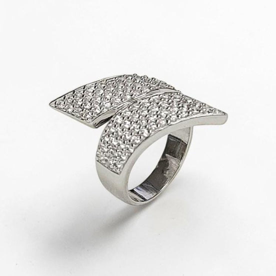 Sterling Silver Bypass Ring, Pave White CZ Stones, Bold Statement Band