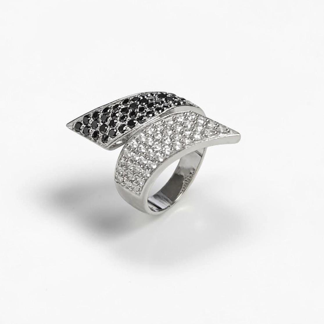Sterling Silver Bypass Ring, Black White CZ Stones, Statement Cocktail Band