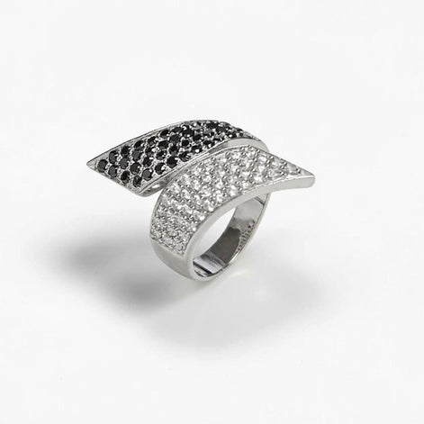 Sterling Silver Bypass Ring, Black White CZ Stones, Statement Cocktail Band