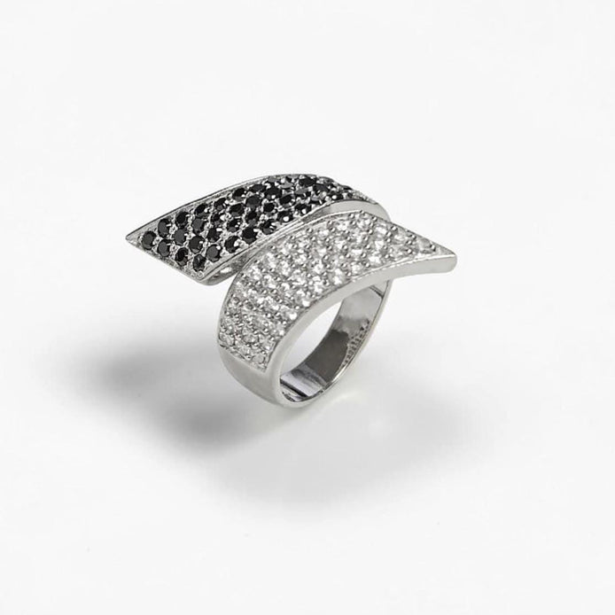 Sterling Silver Bypass Ring, Black White CZ Stones, Statement Cocktail Band