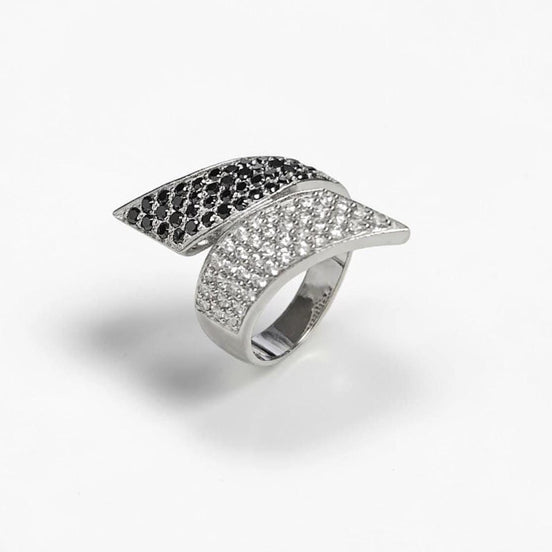 Sterling Silver Bypass Ring, Black White CZ Stones, Statement Cocktail Band