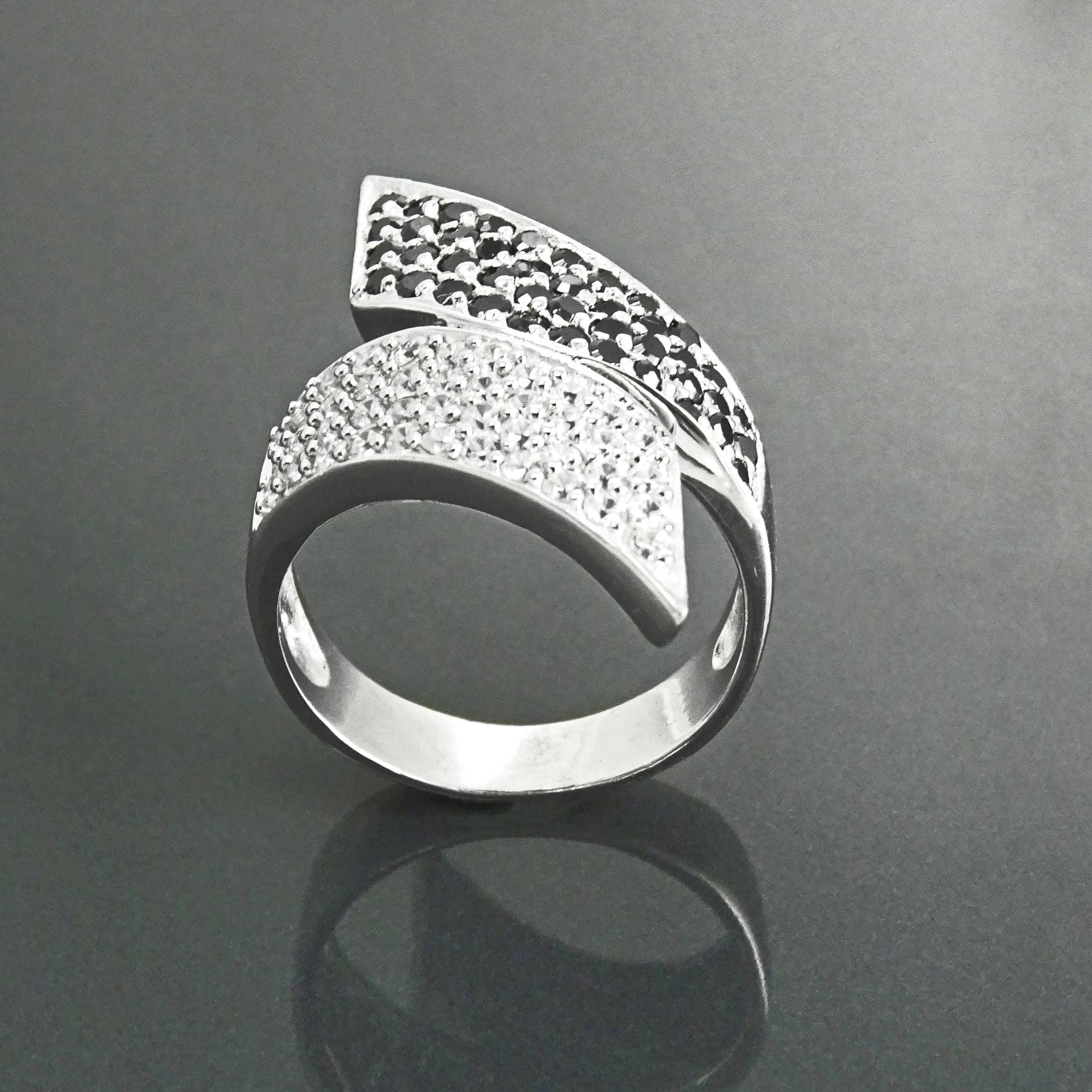Sterling Silver Bypass Ring, Black White CZ Stones, Statement Cocktail Band