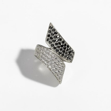 Sterling Silver Bypass Ring, Black White CZ Stones, Statement Cocktail Band