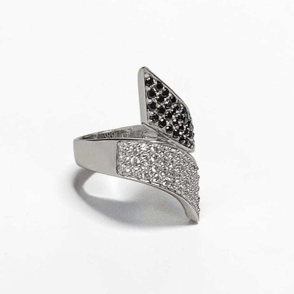 Sterling Silver Bypass Ring, Black White CZ Stones, Statement Cocktail Band