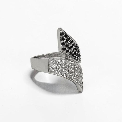 Sterling Silver Bypass Ring, Black White CZ Stones, Statement Cocktail Band