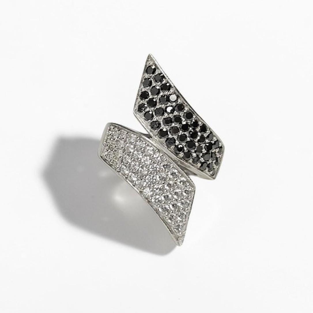 Sterling Silver Bypass Ring, Black White CZ Stones, Statement Cocktail Band