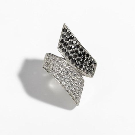 Sterling Silver Bypass Ring, Black White CZ Stones, Statement Cocktail Band
