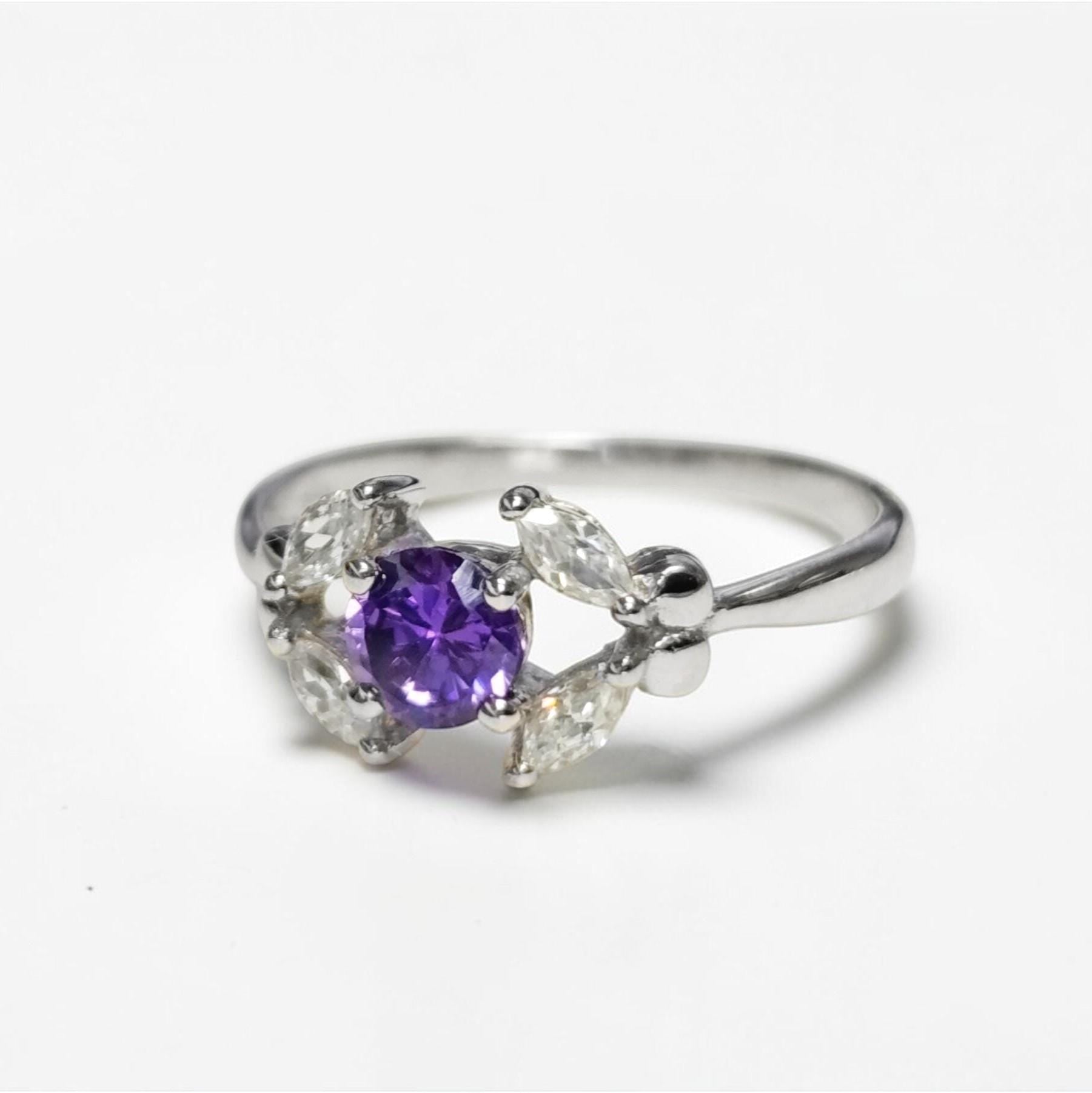 925 Sterling Silver Halo Ring Purple Amethyst CZ, Modern Small Solitaire Jewelry