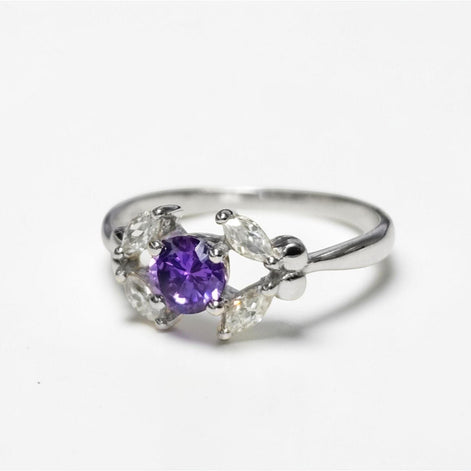 925 Sterling Silver Halo Ring Purple Amethyst CZ, Modern Small Solitaire Jewelry