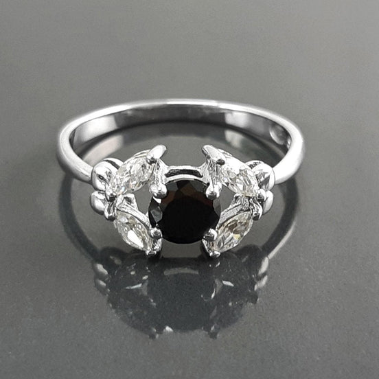 925 Sterling Silver Halo Ring, Black White CZ Stones, Modern Solitaire Small Jewelry