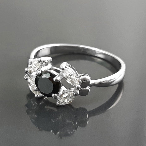 925 Sterling Silver Halo Ring, Black White CZ Stones, Modern Solitaire Small Jewelry
